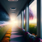 Glass-walled corridor with stormy sky and sunny field views