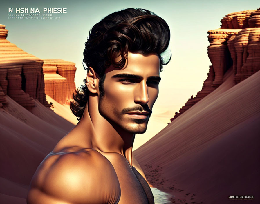 Digital portrait of a man with sculpted beard and intense gaze in desert setting