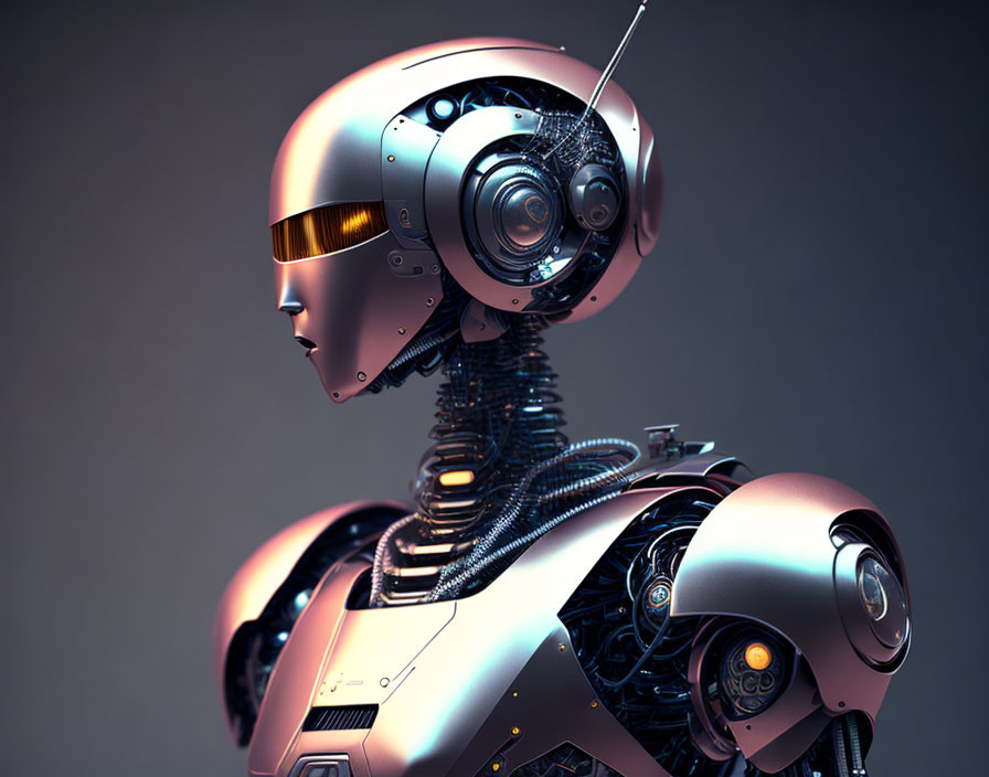 Futuristic robot 3D render with polished metallic surface