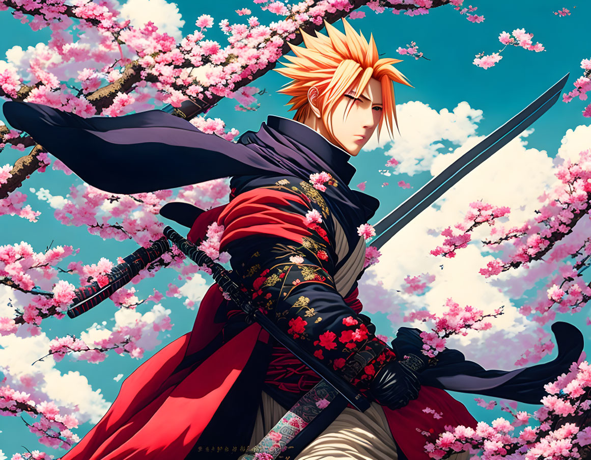 Illustration of character with spiked blond hair holding katana in red and black outfit among cherry blossoms