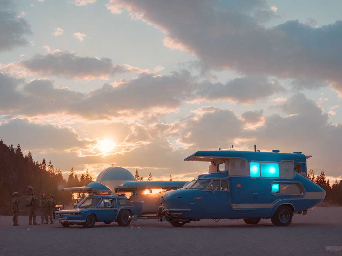 Vintage Police Vehicles and Officers at Beach Sunset with Amphibious Aircraft