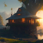 Two-story cabin in lush forest at sunrise with warm light and tranquil river