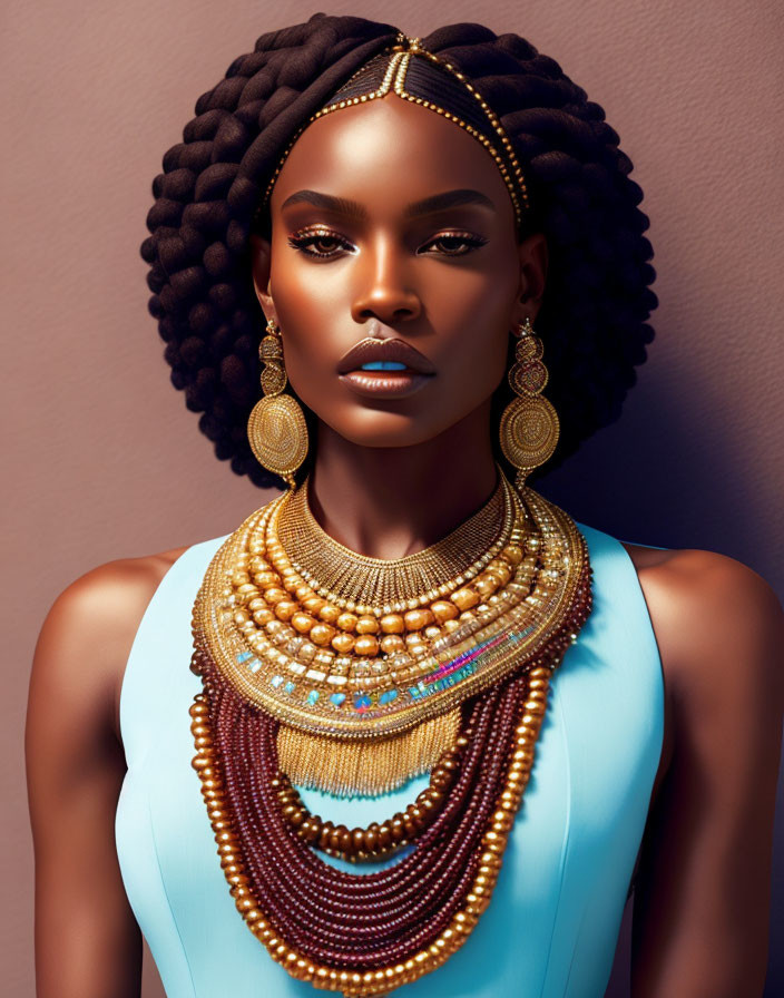 Woman with intricate braided hair and golden head jewelry, dramatic makeup, blue top, and layered neck