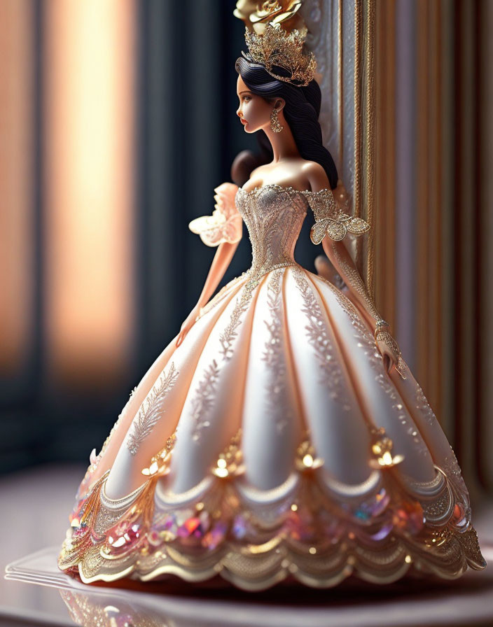 Intricate princess figurine in golden gown with pearls on curtain background