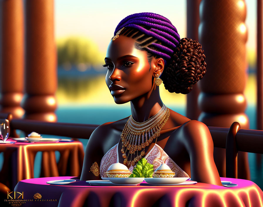 Illustration of woman with purple braided hair at waterfront restaurant at sunset