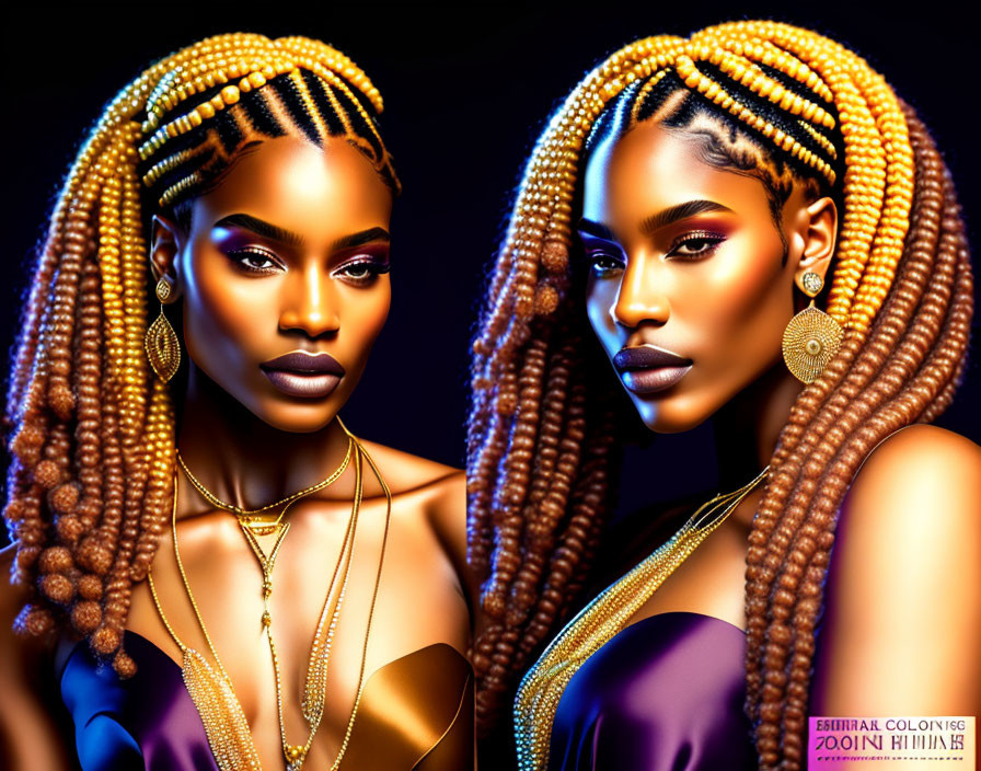 Two women with braided hair and striking makeup wearing gold jewelry on dark background