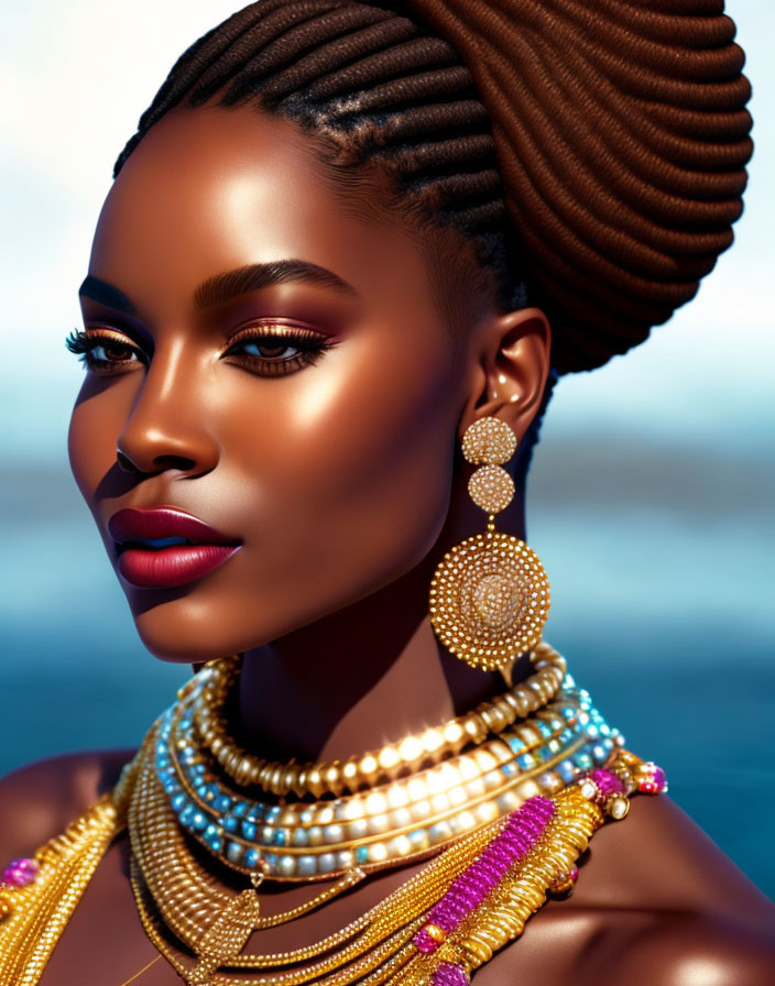 Intricate braided hair and bold makeup with gold accessories on blue background
