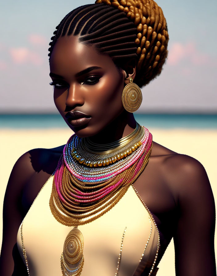 Illustration of woman with braided hair and hoop earrings on tropical beach