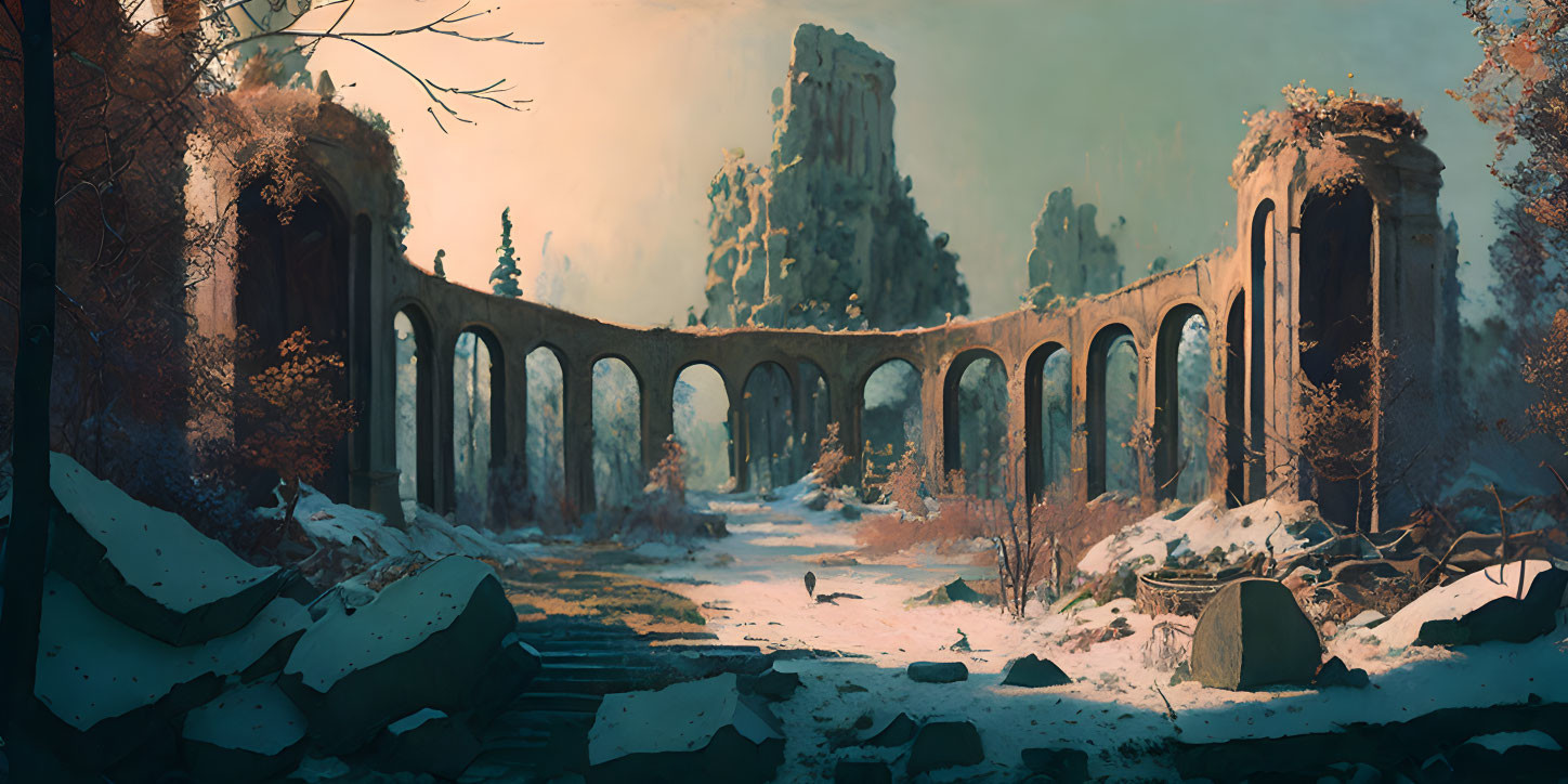 Snowy abandoned ruin with towering columns and arches in forest landscape