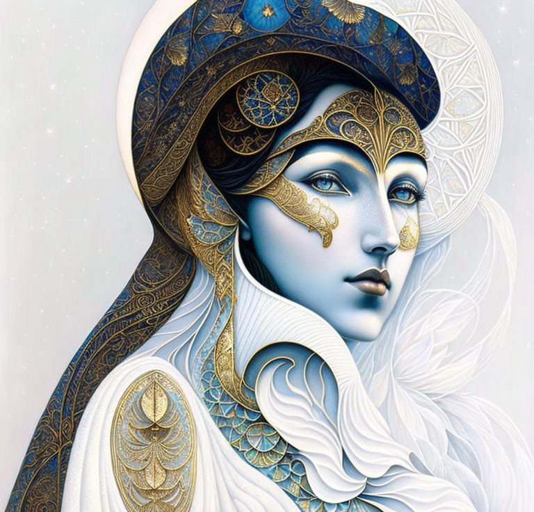 Detailed artwork of a pale woman in celestial-themed blue and gold attire