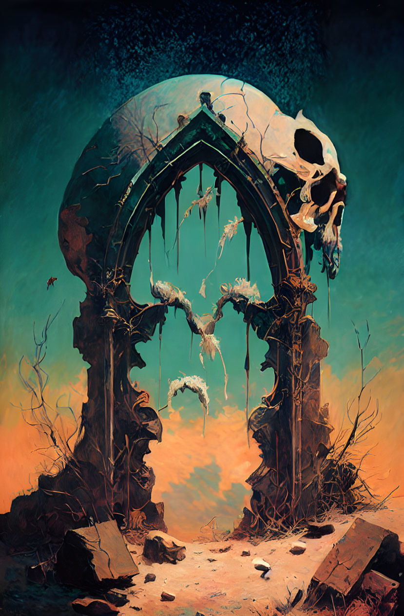 Gothic archway with skulls and bones in desolate twilight landscape