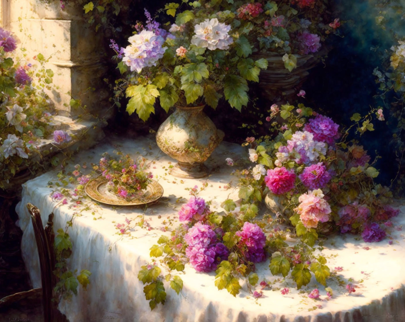Romantic sunlit garden scene with rustic table and colorful blooms