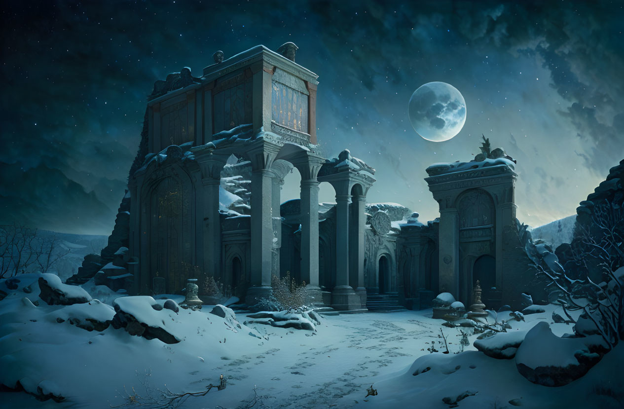 Snow-covered ruinous classical structure under full moon.