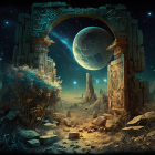 Mystical archway with moon, ornate door, and lush night landscape