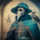 Cloaked figure in plague doctor mask with raven at arched window