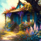 Blue Cottage Surrounded by Flowers and Greenery in Soft Illuminated Setting