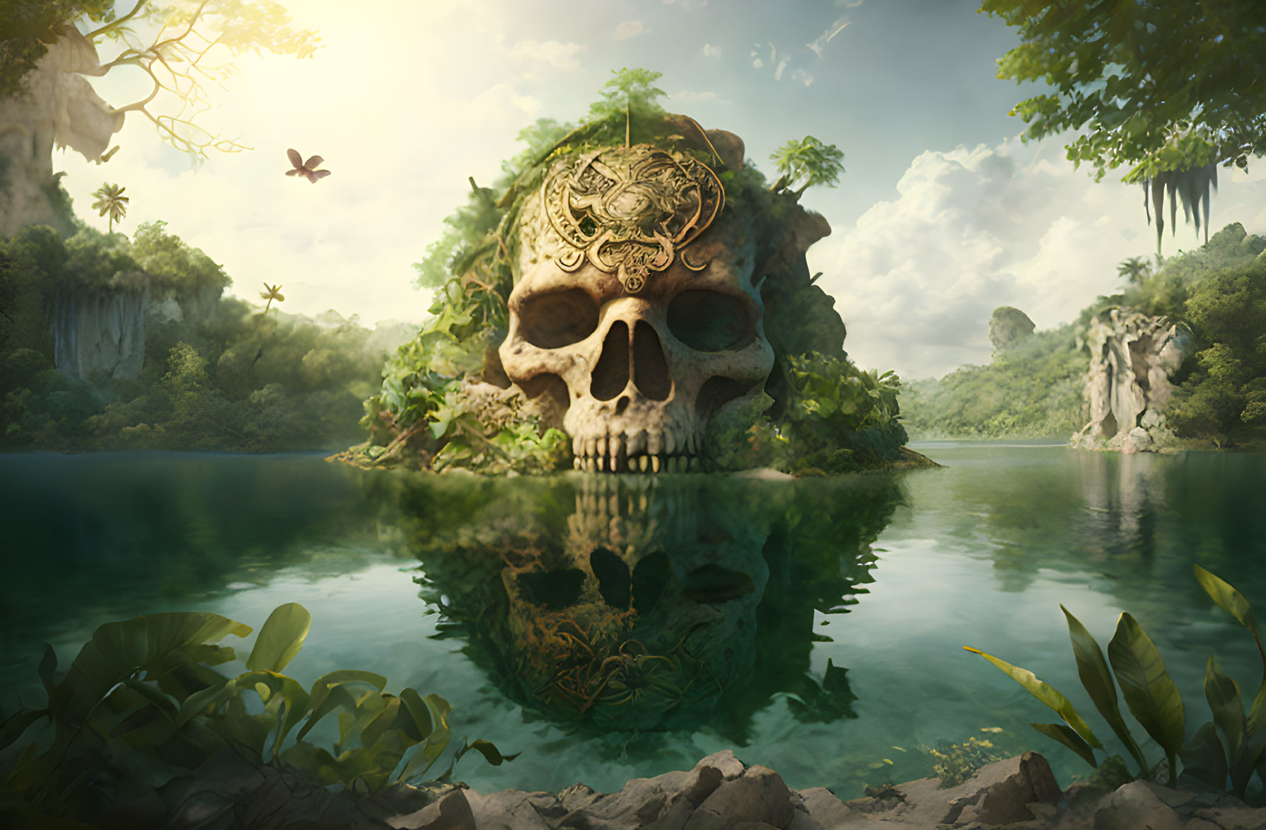 Ornate skull in tranquil lake with tropical foliage
