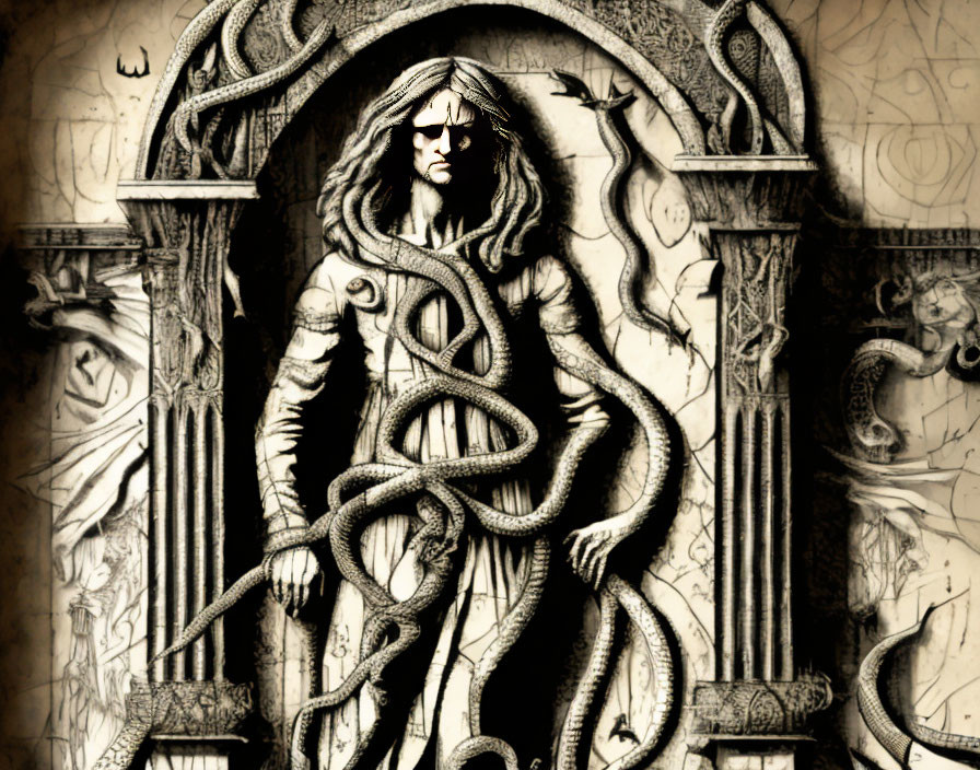 Medieval-themed illustration of person with long hair and serpents, framed by ornate archway