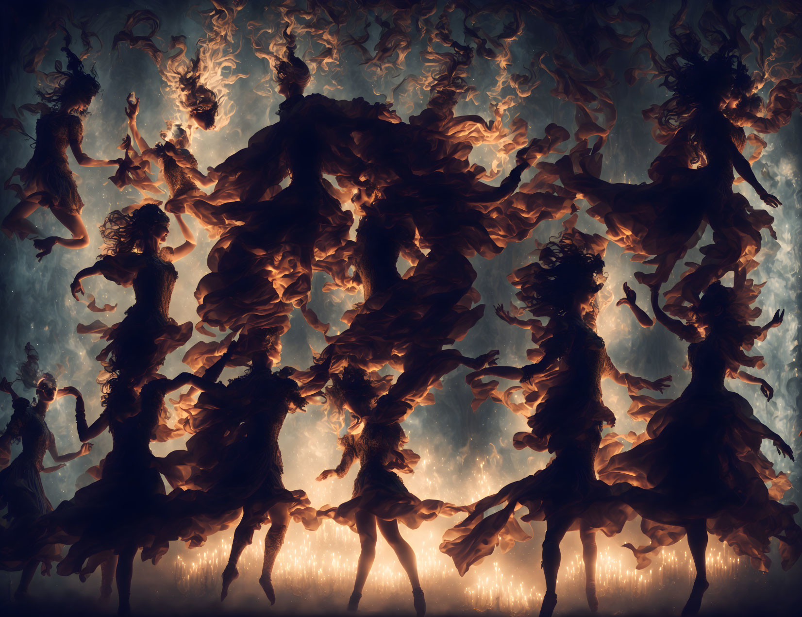 Multiple dancers in mid-motion against smoky backdrop with ethereal glow