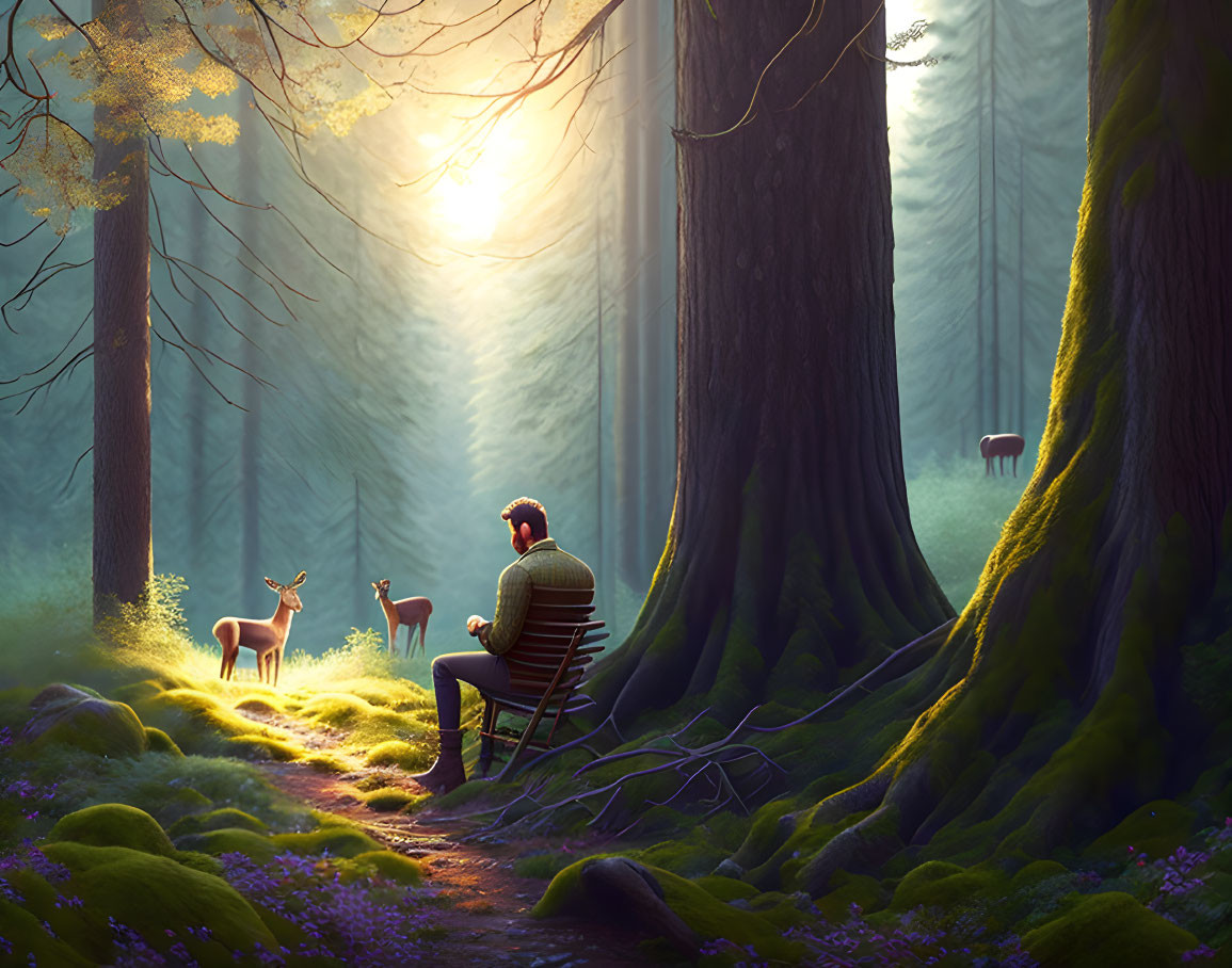 Person Observing Deer in Sunlit Forest with Ethereal Light