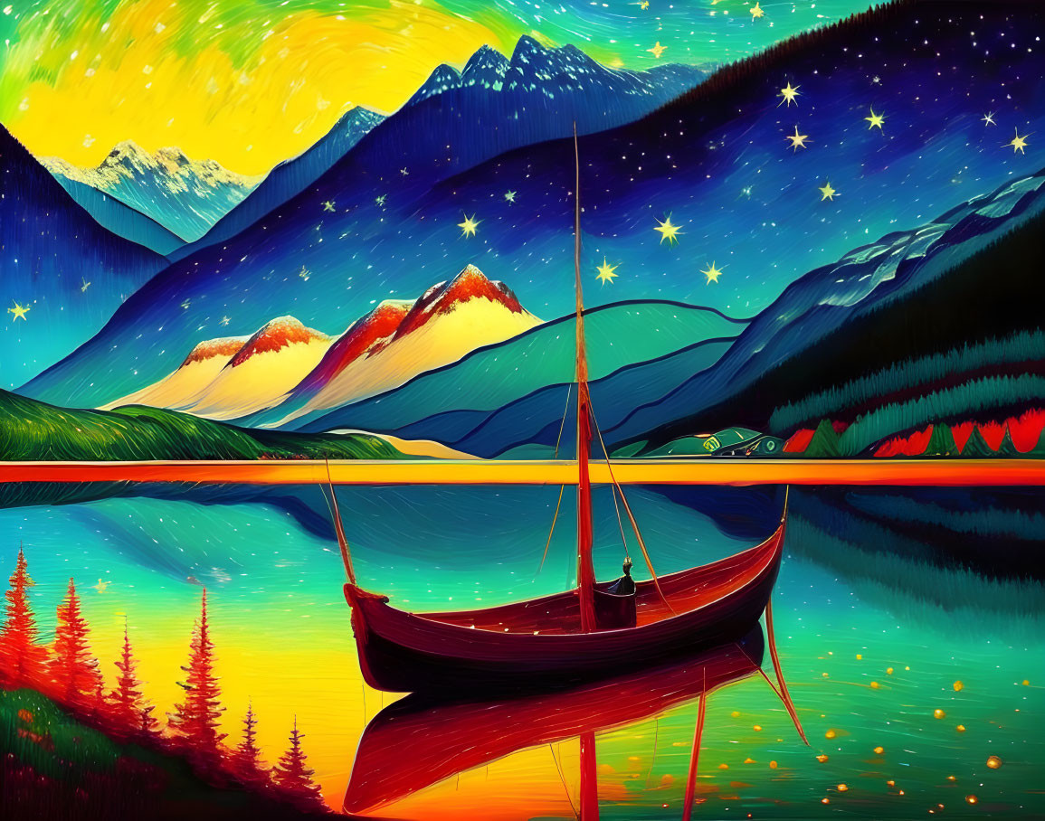 Colorful Illustration of Serene Lake with Red Canoe, Trees, Mountains, and Starry