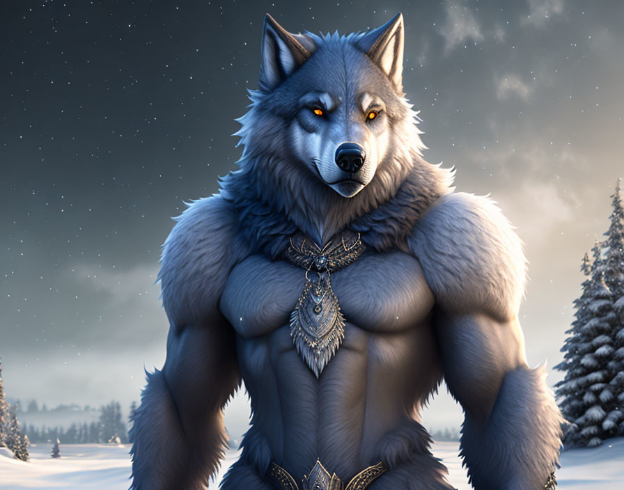 Muscular anthropomorphic wolf in snowy landscape with ornate necklace