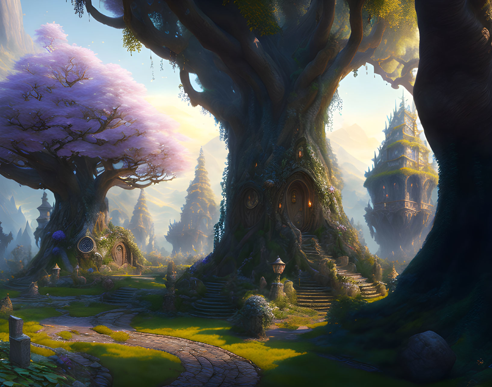 Fantasy landscape with grand tree, lush foliage, pink trees, and distant castle