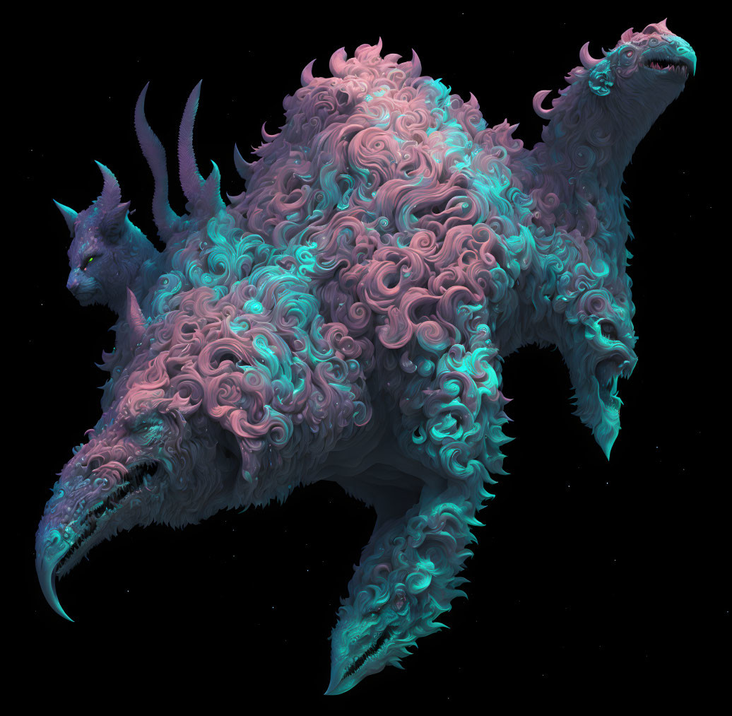 Fantastical multi-headed creature with swirling fur patterns and horns on starry backdrop
