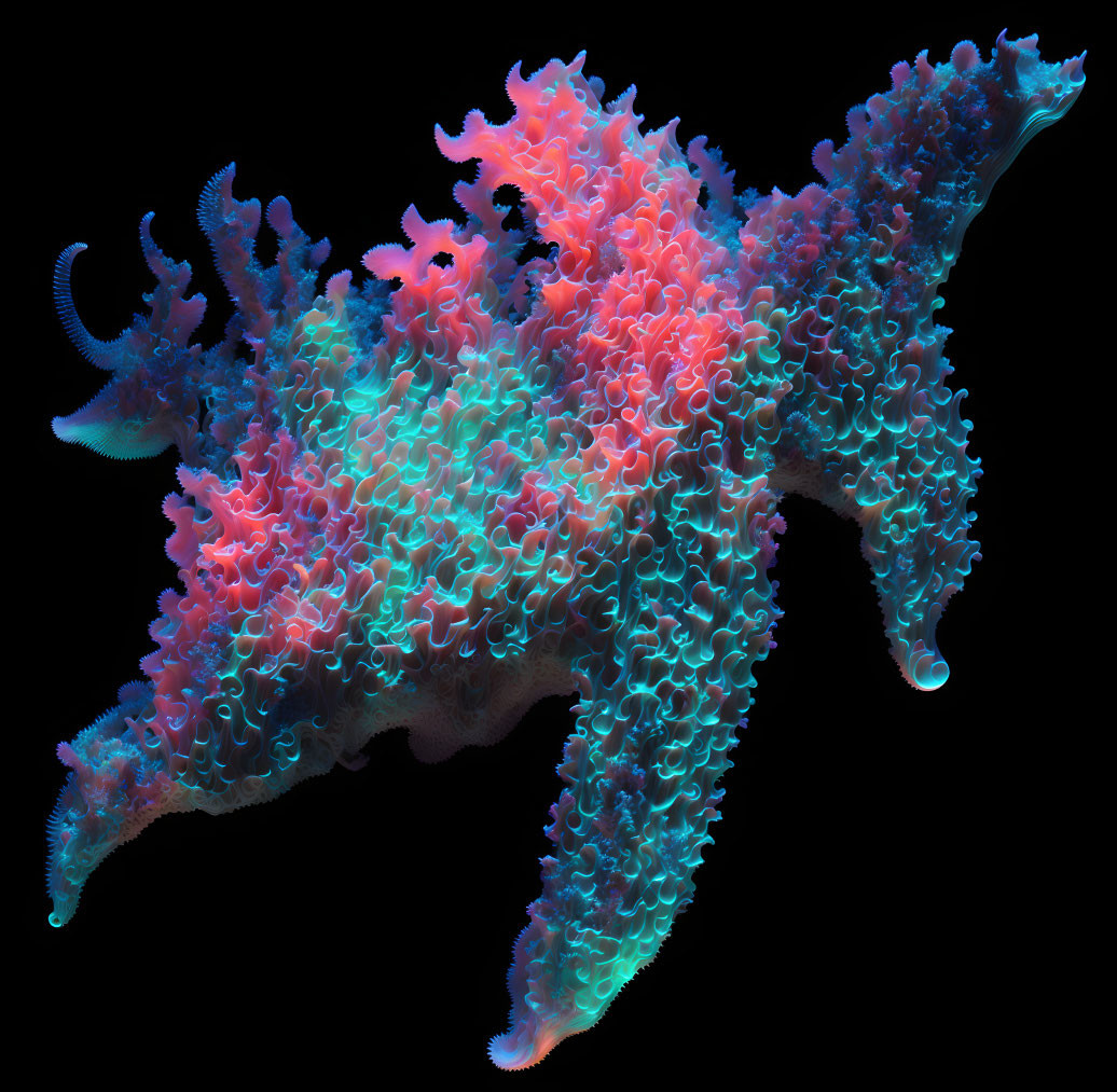 Vibrant Neon Coral-like Structure on Black Background