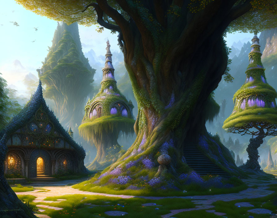 Enchanting cottage nestled under giant tree in mystical forest