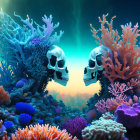 Human skulls among vibrant coral reefs in underwater scene