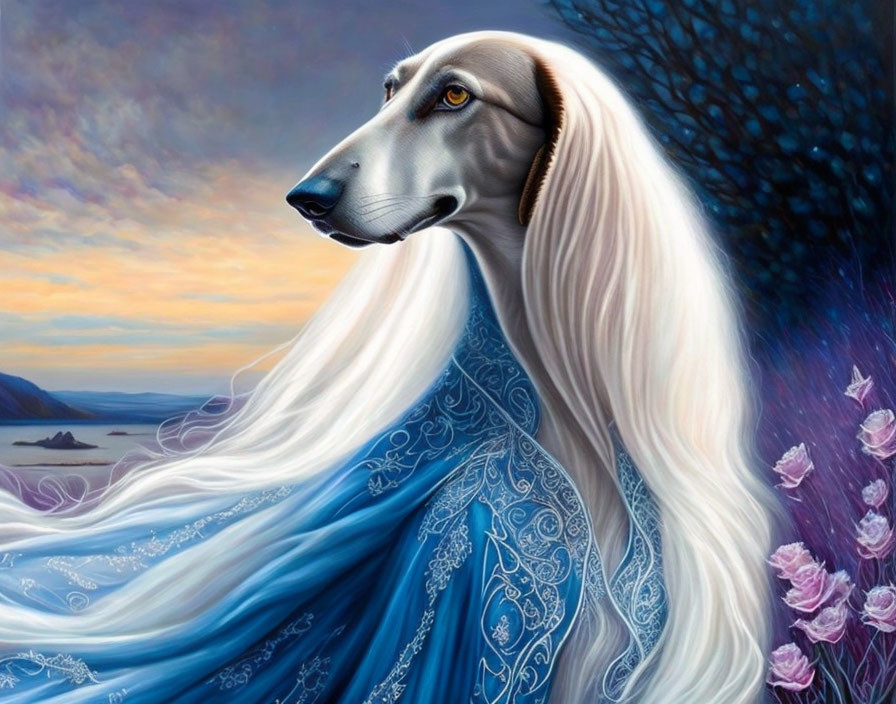 Regal dog with human-like features in blue gown under twilight sky