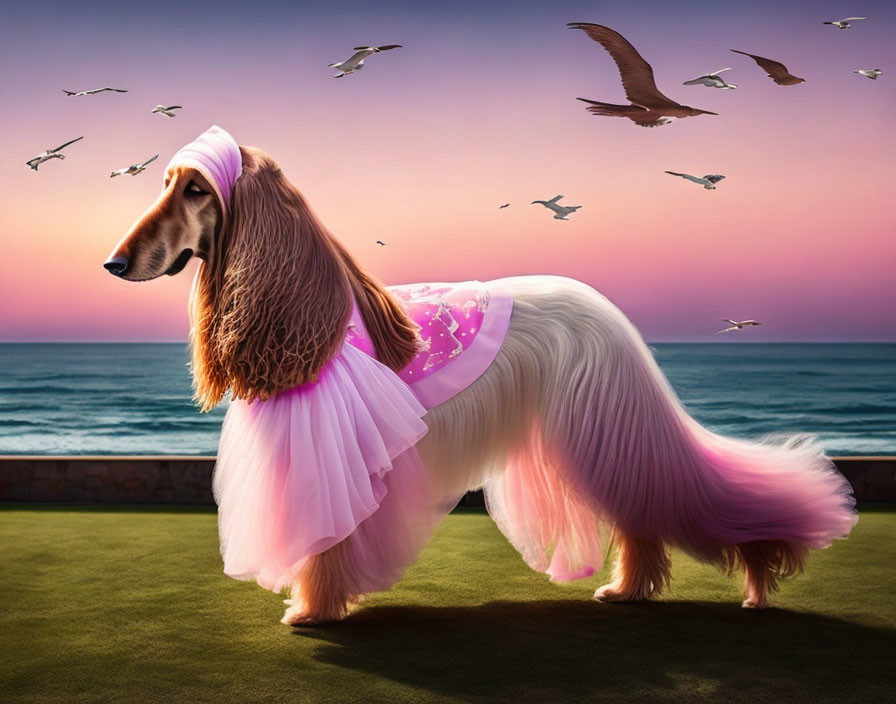 Long-Haired Dog in Pink Dress by Sea at Dusk