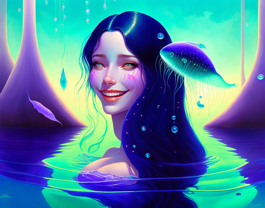 Blue-haired female aquatic creature surrounded by glowing fish in vibrant underwater scene