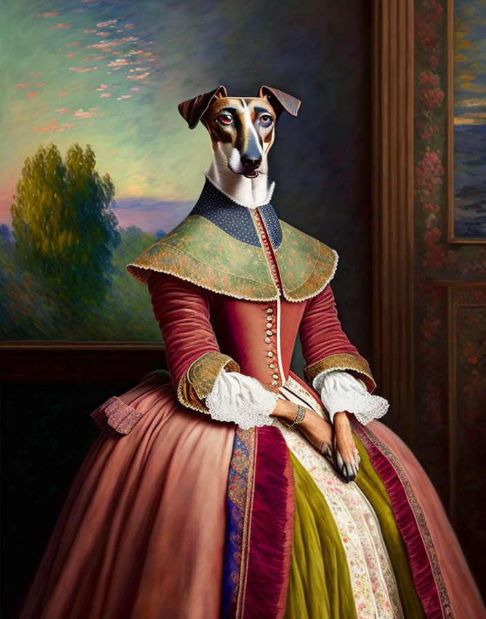 Dog in aristocratic attire against classic backdrop