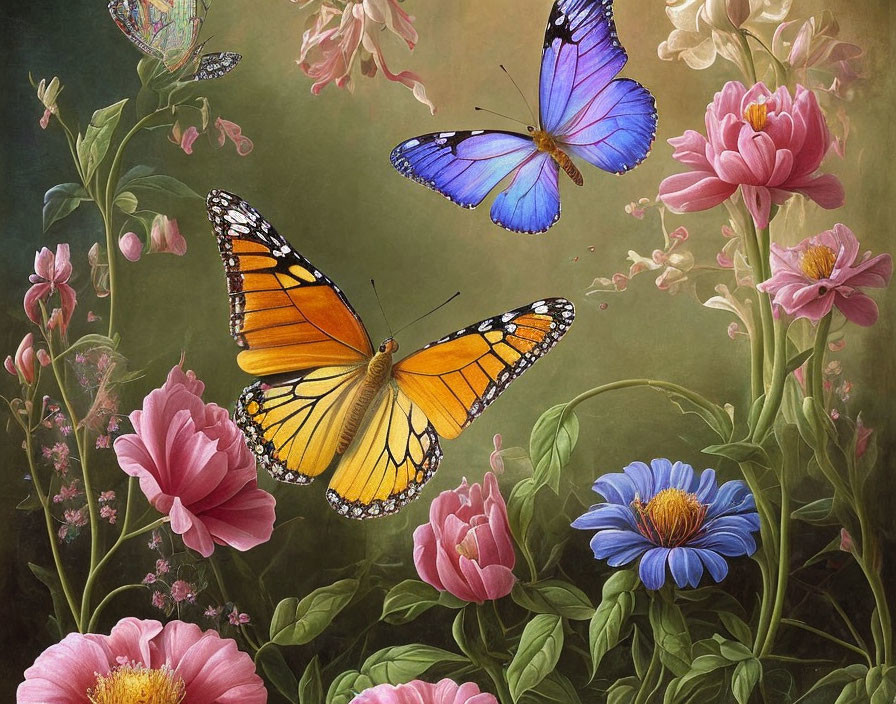 Colorful Butterflies Fluttering Around Blooming Flowers