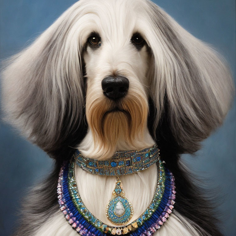 Regal grey and white dog with jewel-encrusted blue necklace