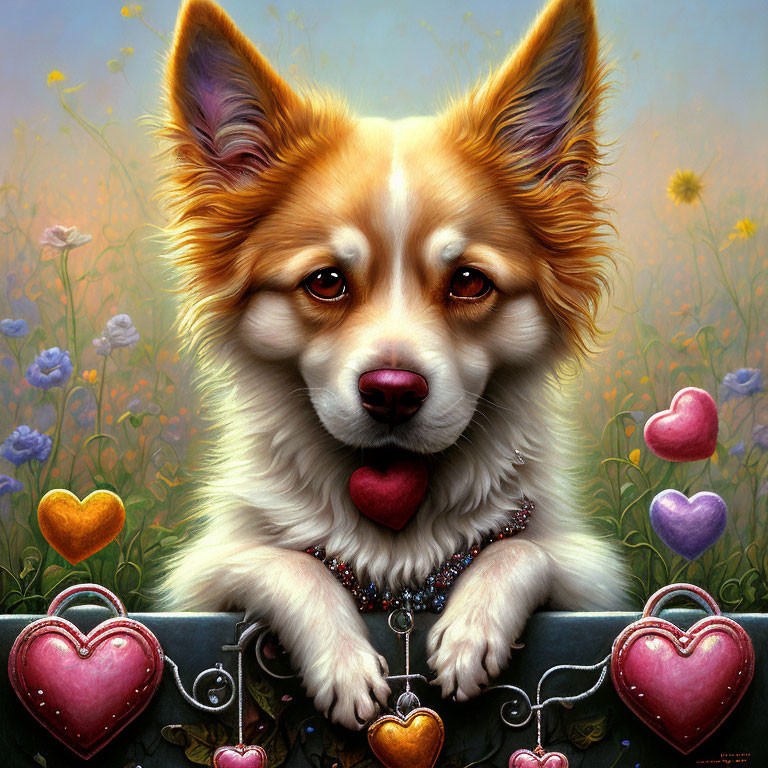 Detailed painting of a dog with erect ears, necklace, surrounded by flowers and balloons