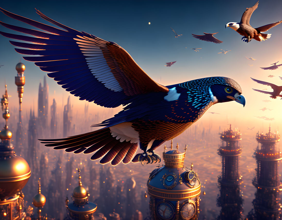 Majestic eagle flying over futuristic cityscape at sunset