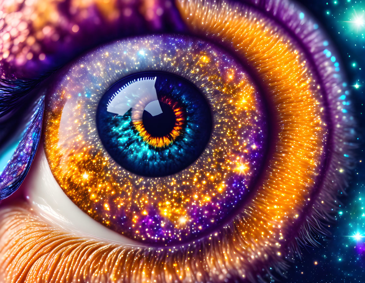 Close-up of human eye with cosmic iris and orange eyelashes, surrounded by twinkling stars