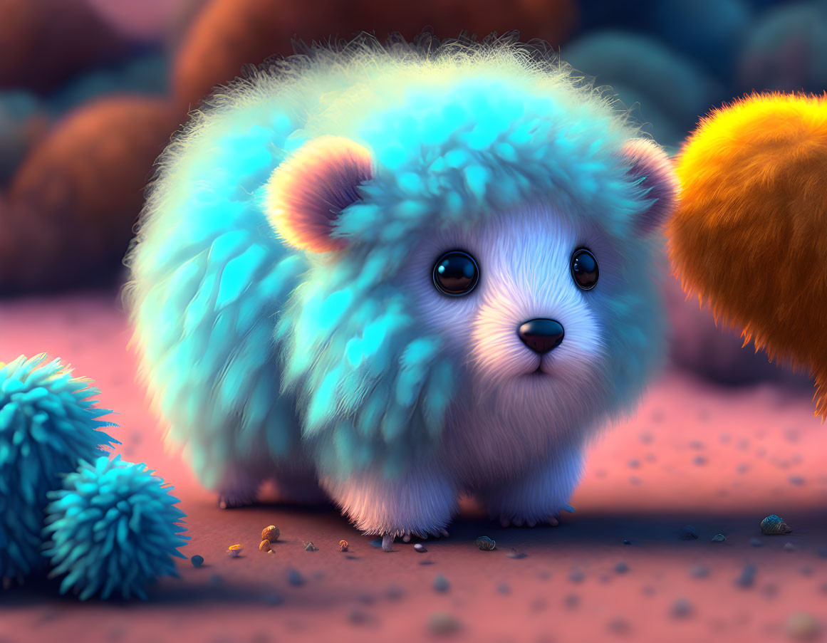 Blue fluffy cartoon creature in whimsical setting with big eyes