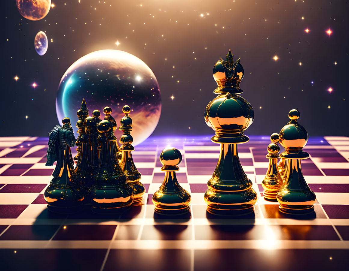 Chess set with black and gold pieces on cosmic-themed board