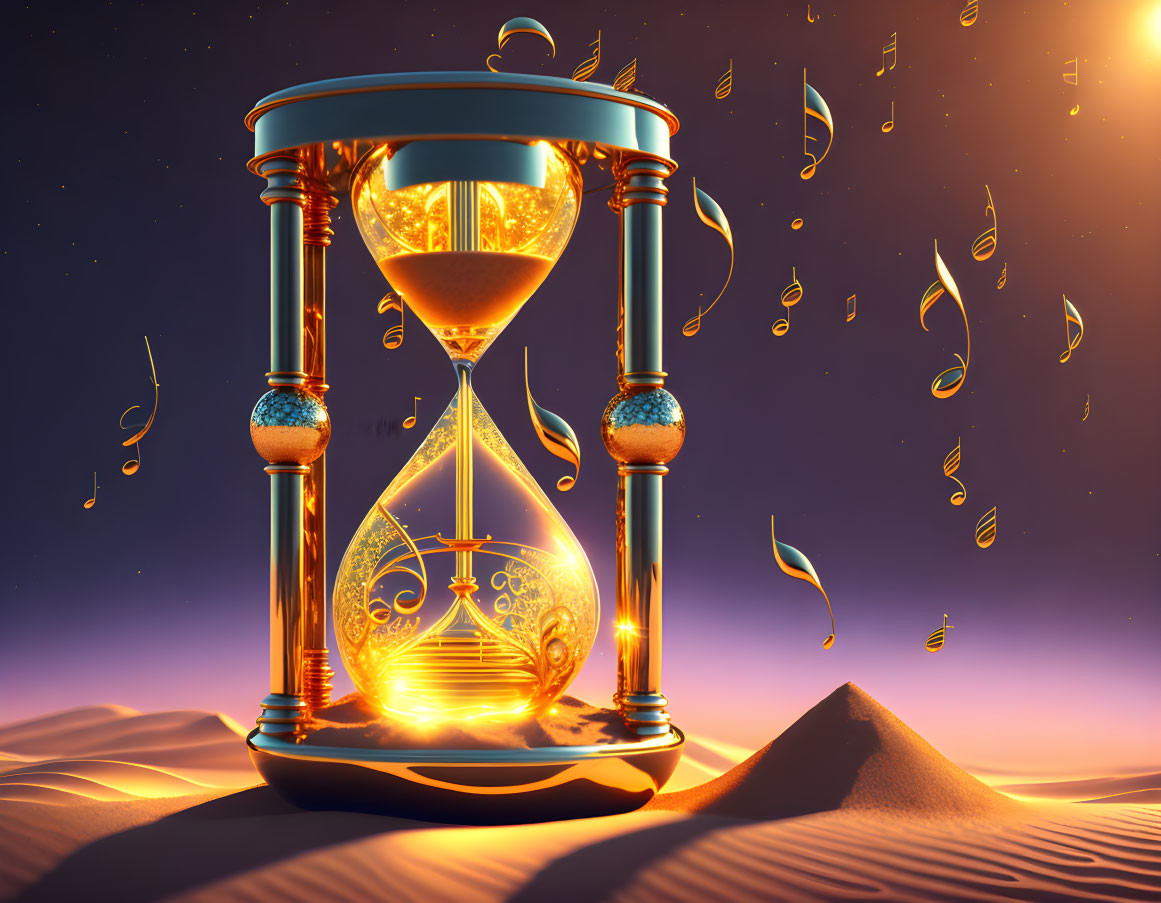 Glowing hourglass with musical notes on sand in twilight landscape