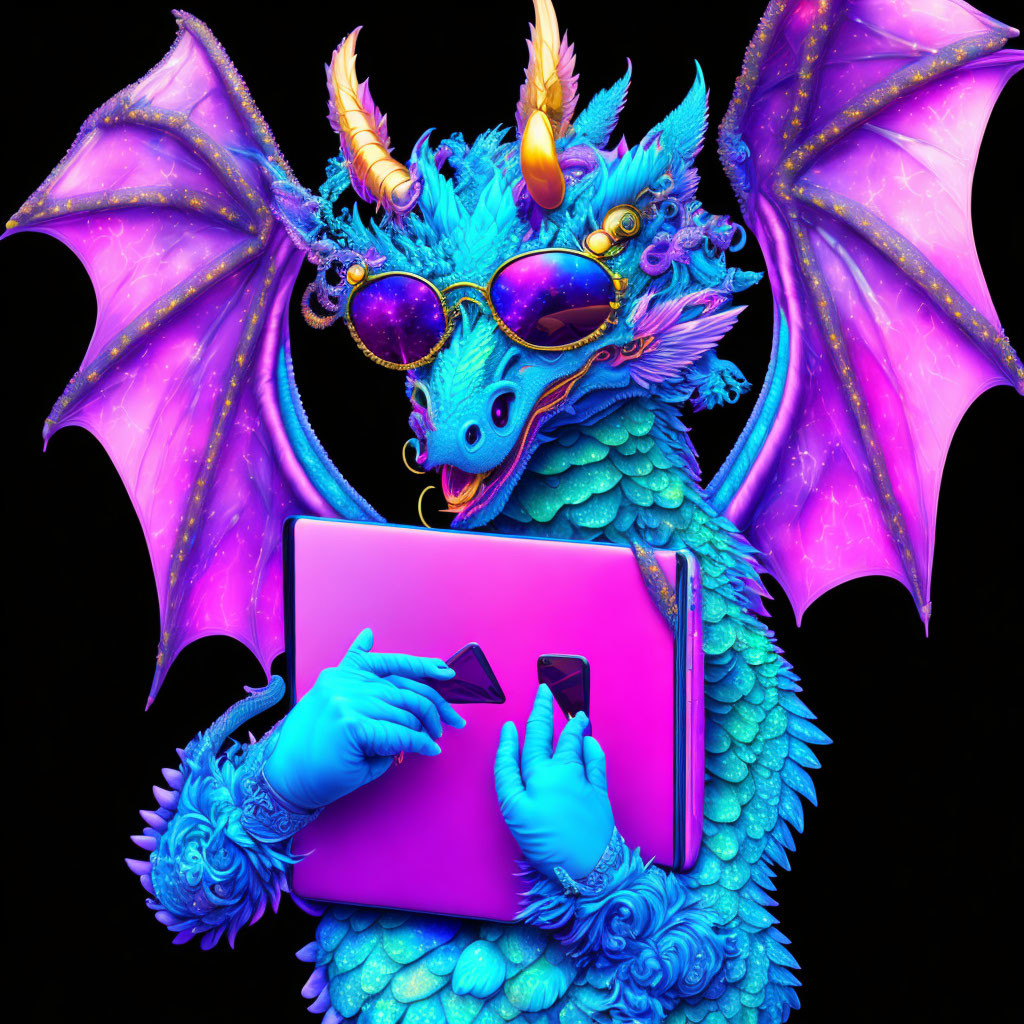 Colorful Dragon with Sunglasses and Laptop Typing