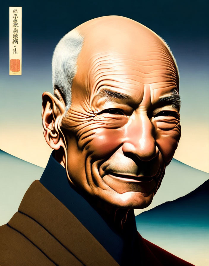 Elderly bald man portrait in brown robe with Japanese text on blue backdrop