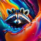 Colorful Swirling Paint with Raccoon Face in Blue, Orange, Yellow, Purple