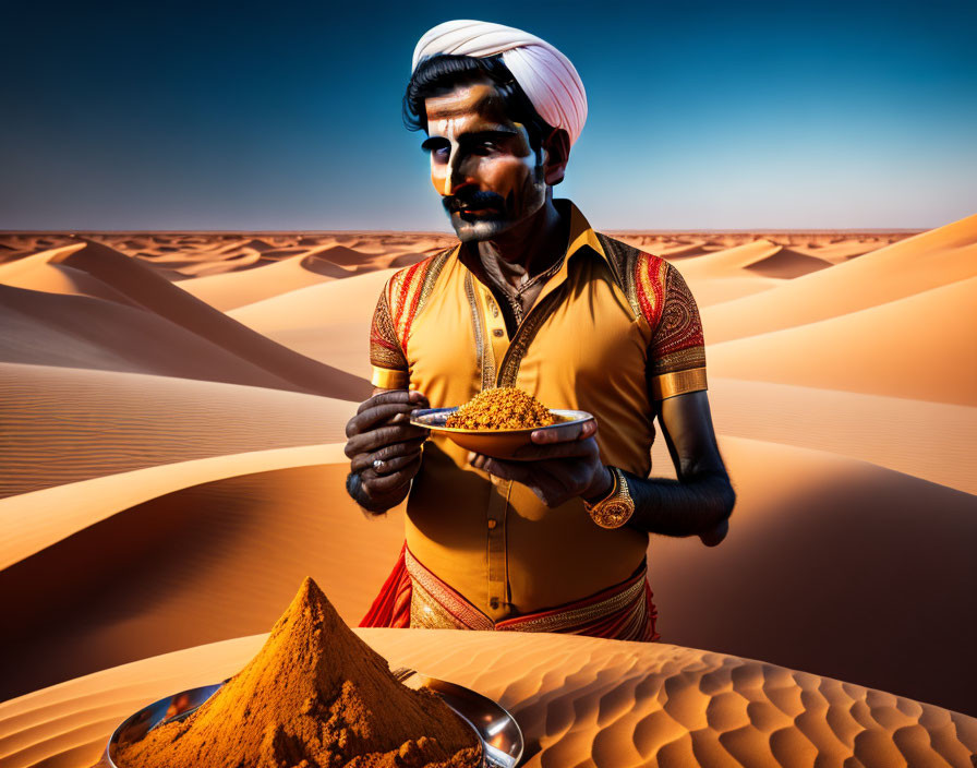Traditional Attire Man with Spices Plate & Sand Dunes