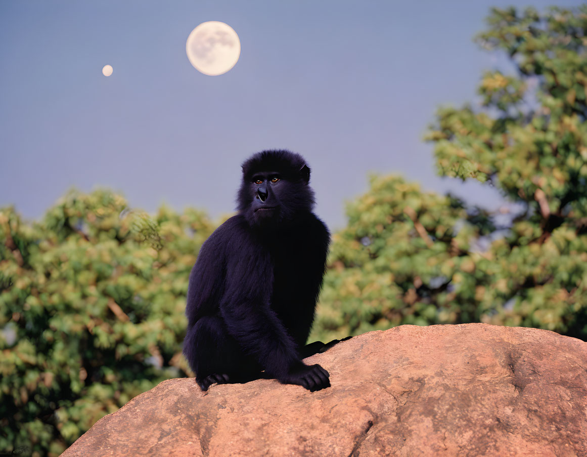 Black monkey on rock with moon and green foliage.