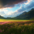 Woman in blooming meadow under sunny mountain sky