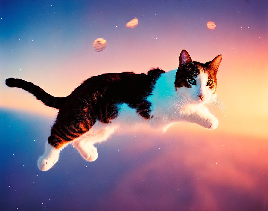 Calico cat floating in colorful starry sky with nebulae and planets